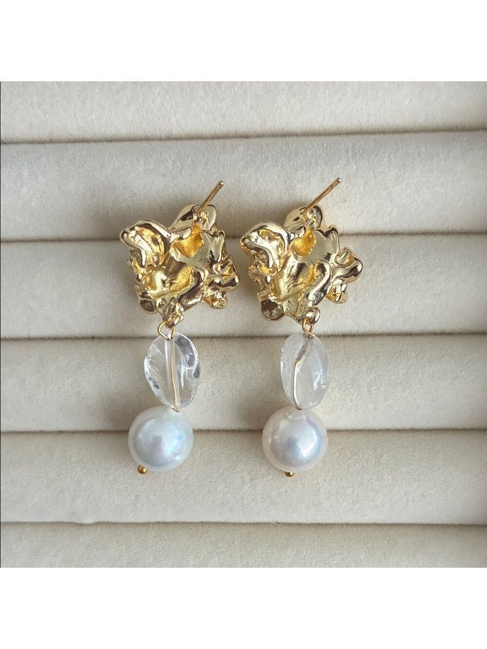 Sculptural Gold Pearl Crystal Statement Earrings - Picture 2 of 4